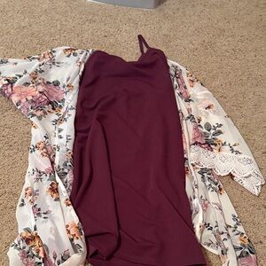 Floral Kimono and Burgundy Dress Set